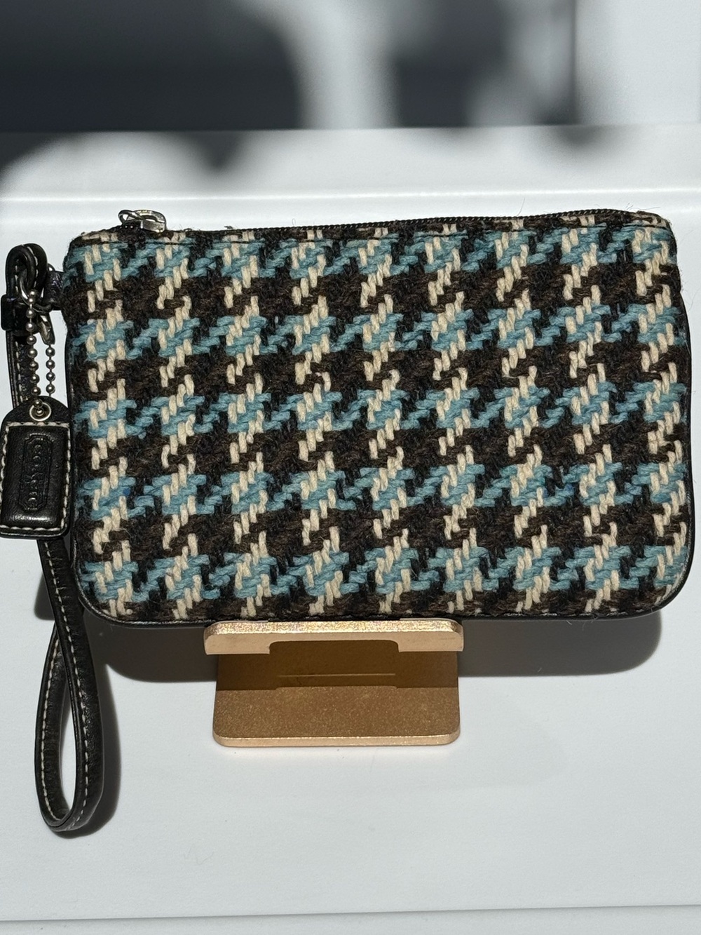 Coach Houndstooth Wristlet in Blue, Cream & Brown